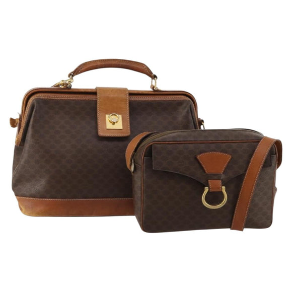 CELINE Macadam Canvas Shoulder Bag PVC Leather 2way 2 Set Brown Auth mr2802