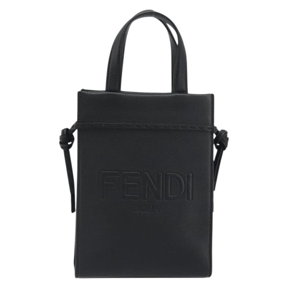 FENDI Go-To Shopper Hand Bag Leather Black Silver Auth mr2832