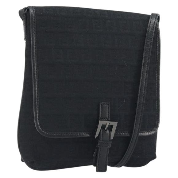 FENDI Zucchino Canvas Shoulder Bag Black Silver Auth mr2844