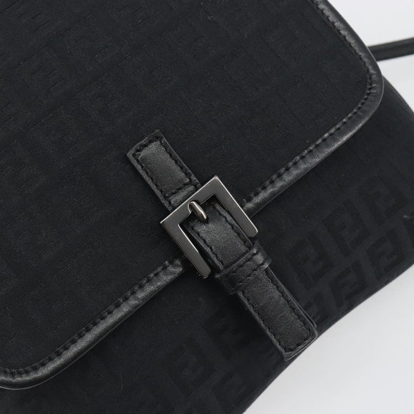 FENDI Zucchino Canvas Shoulder Bag Black Silver Auth mr2844