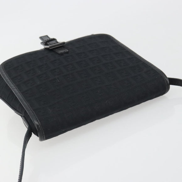 FENDI Zucchino Canvas Shoulder Bag Black Silver Auth mr2844