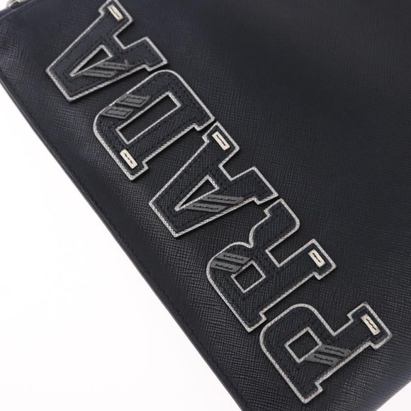 PRADA Clutch Bag Safiano Leather Black Silver Auth mr2853