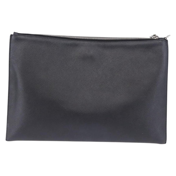 PRADA Clutch Bag Safiano Leather Black Silver Auth mr2853