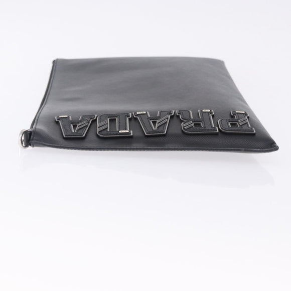 PRADA Clutch Bag Safiano Leather Black Silver Auth mr2853