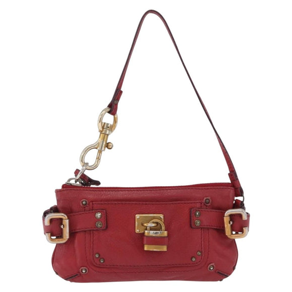 Chloe Accessory Pouch Leather Red Gold Silver Auth mr2868A