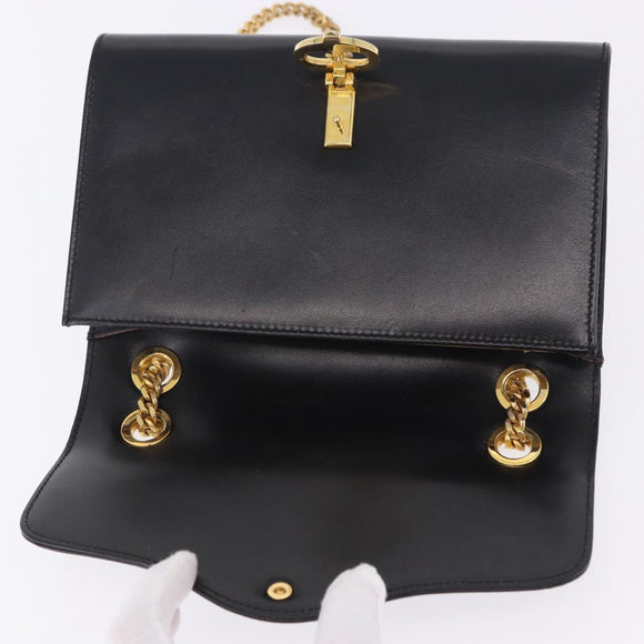 CELINE Chain Shoulder Bag Leather Black Gold Auth mr2876A