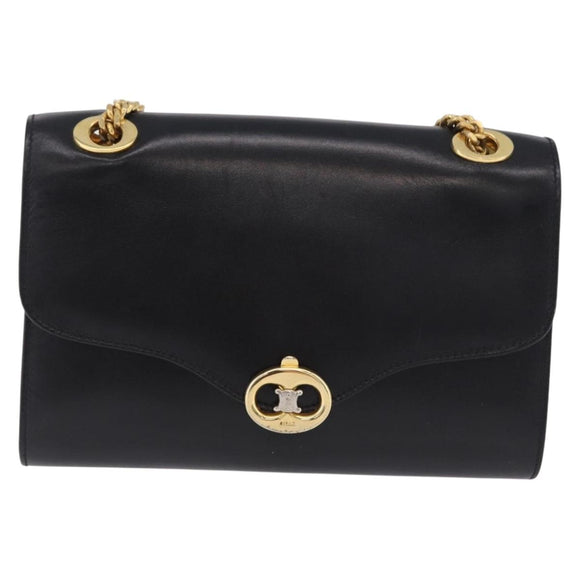 CELINE Chain Shoulder Bag Leather Black Gold Auth mr2876A