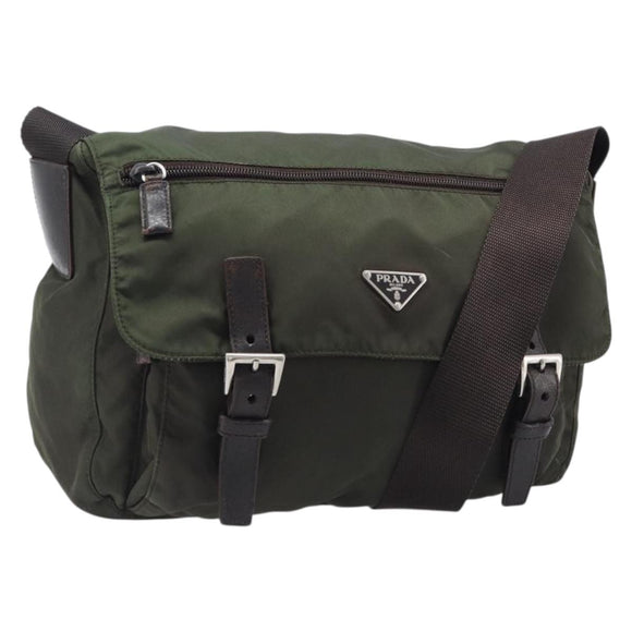PRADA Shoulder Bag Nylon Khaki Silver Auth mr2887