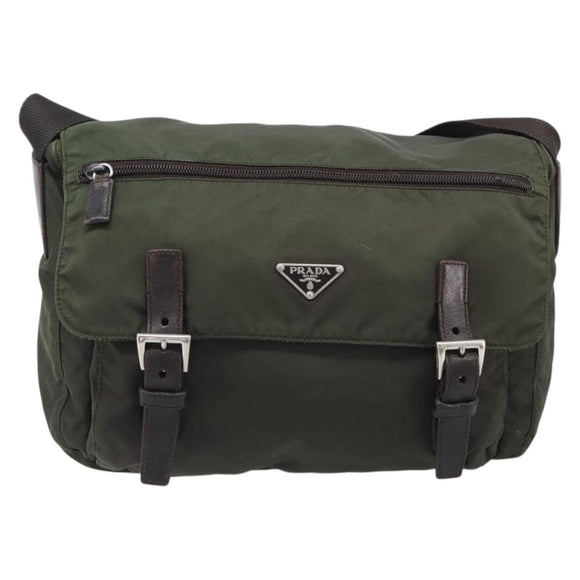 PRADA Shoulder Bag Nylon Khaki Silver Auth mr2887
