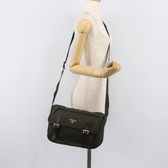 PRADA Shoulder Bag Nylon Khaki Silver Auth mr2887