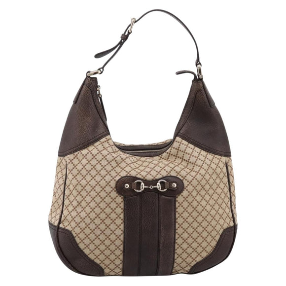 GUCCI Diamante Horsebit Shoulder Bag Canvas Beige Gold Tone Auth mr2925V