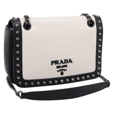 PRADA Chain Shoulder Bag Leather White Black Auth mr2939A