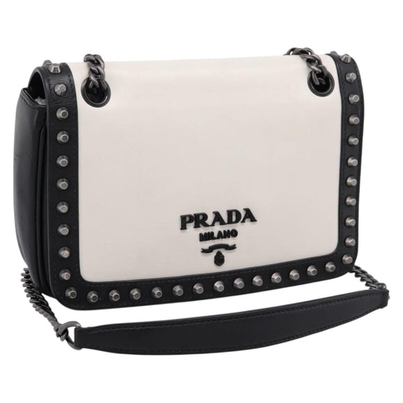 PRADA Chain Shoulder Bag Leather White Black Auth mr2939A