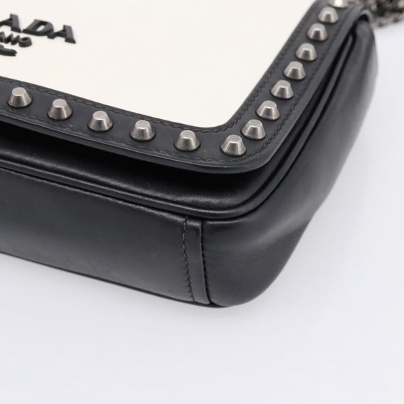 PRADA Chain Shoulder Bag Leather White Black Auth mr2939A