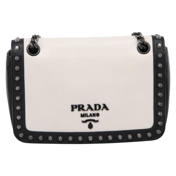 PRADA Chain Shoulder Bag Leather White Black Auth mr2939A