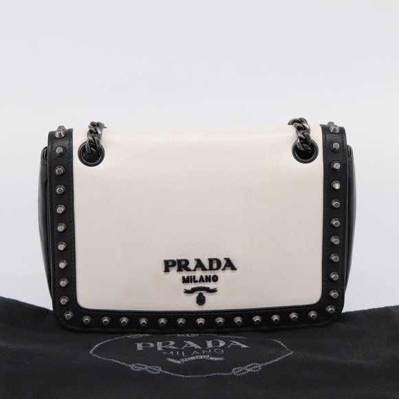 PRADA Chain Shoulder Bag Leather White Black Auth mr2939A