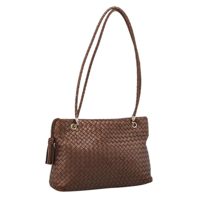 Bottega Veneta INTRECCIATO Shoulder Bag Leather Brown Gold Tone Auth mr2943A
