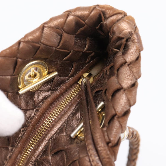 Bottega Veneta INTRECCIATO Shoulder Bag Leather Brown Gold Tone Auth mr2943A