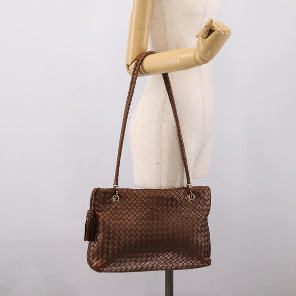 Bottega Veneta INTRECCIATO Shoulder Bag Leather Brown Gold Tone Auth mr2943A