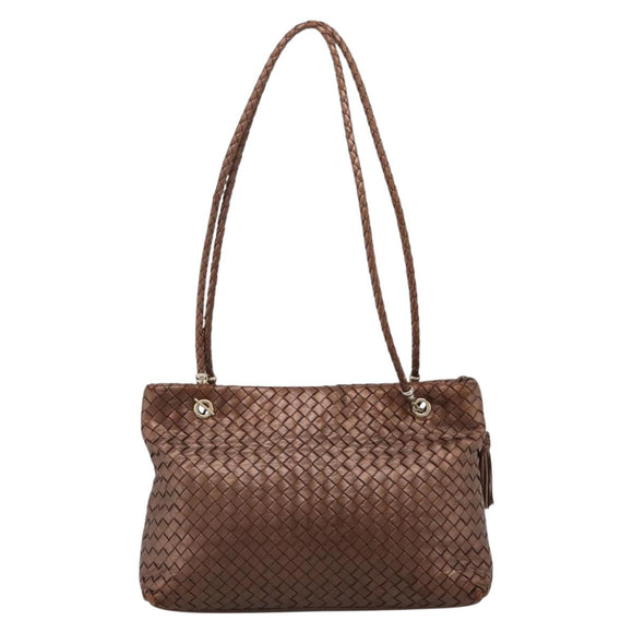 Bottega Veneta INTRECCIATO Shoulder Bag Leather Brown Gold Tone Auth mr2943A