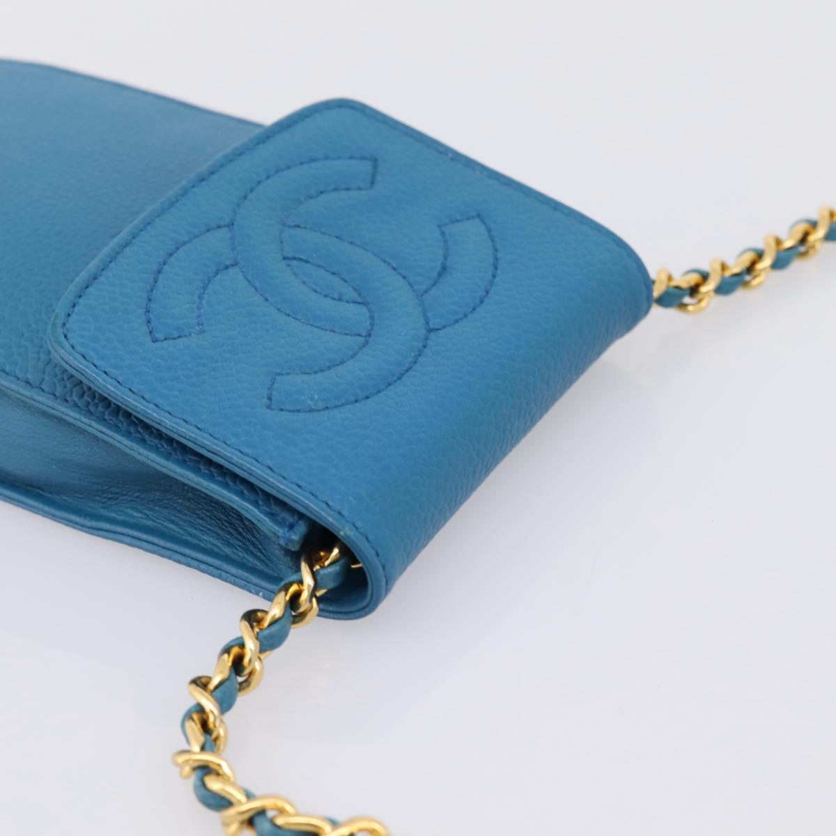 CHANEL Chain Shoulder Bag Caviar Skin Blue Gold Tone CC Auth