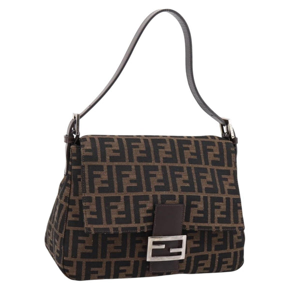 FENDI Zucca Canvas Mamma Baguette Shoulder Bag Brown Silver Auth mr2954V