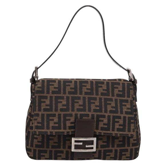 FENDI Zucca Canvas Mamma Baguette Shoulder Bag Brown Silver Auth mr2954V