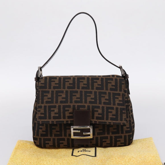 FENDI Zucca Canvas Mamma Baguette Shoulder Bag Brown Silver Auth mr2954V