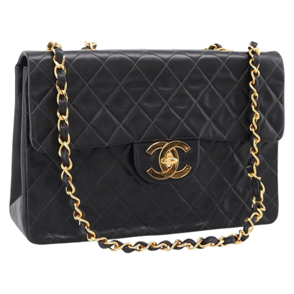 CHANEL Matelasse Big Matelasse 34 Shoulder Bag Lamb Skin Black CC Auth mr2970SAV