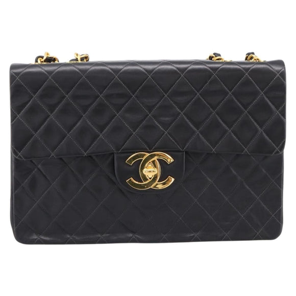 CHANEL Matelasse Big Matelasse 34 Shoulder Bag Lamb Skin Black CC Auth mr2970SAV