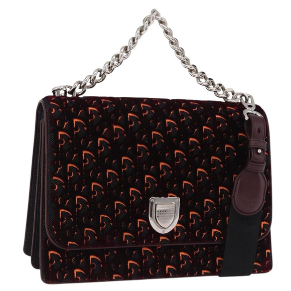 Christian Dior Oblique Diorama Hand Bag Velor 2way Red Silver Auth mr2986V