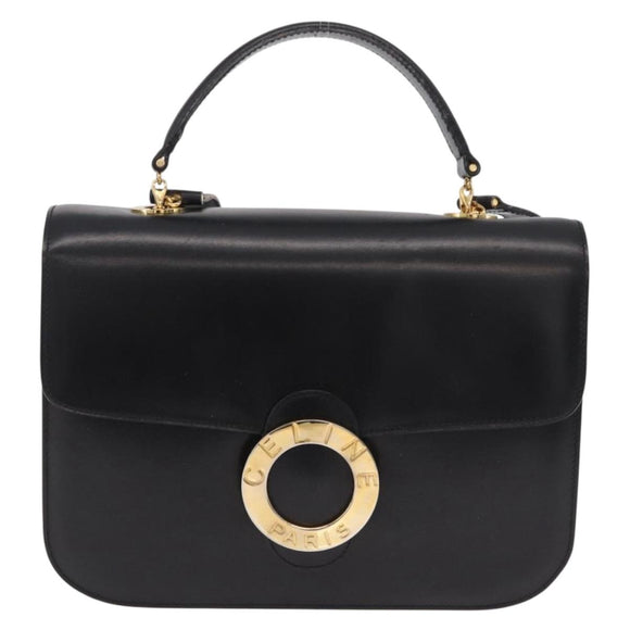 CELINE Hand Bag Leather 2way Black Gold Tone Auth mr2993