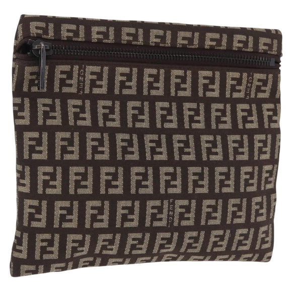 FENDI Zucchino Canvas Pouch Brown Silver 7N0013 Auth mr2999