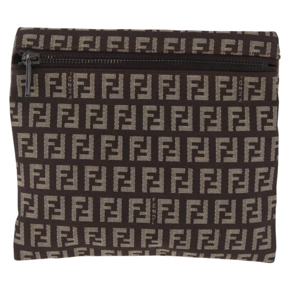 FENDI Zucchino Canvas Pouch Brown Silver 7N0013 Auth mr2999