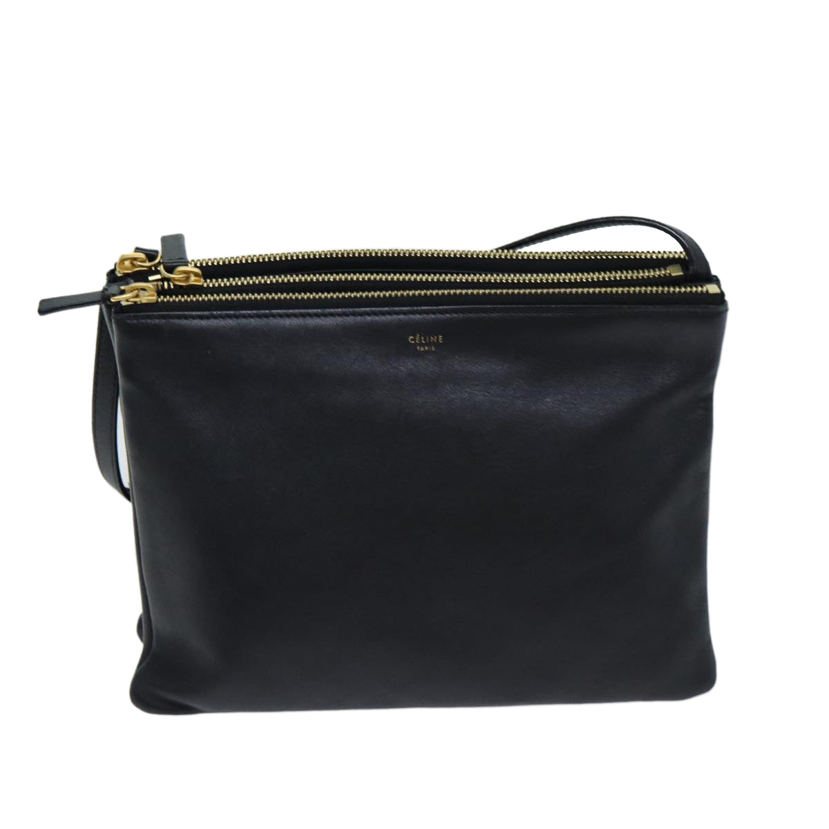 CELINE Trio Shoulder Bag Leather Black Auth mr300