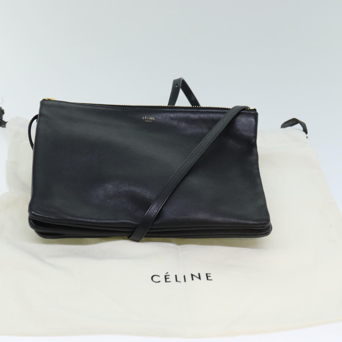 CELINE Trio Shoulder Bag Leather Black Auth mr300