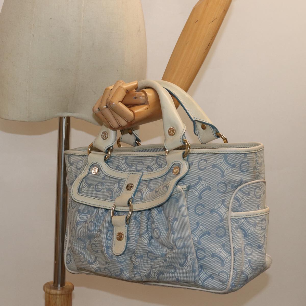 CELINE C Macadam Canvas Hand Bag Light Blue Auth mr302