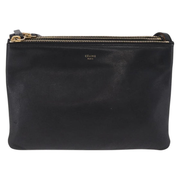 CELINE Trio Shoulder Bag Leather Black Gold Tone Auth mr3023