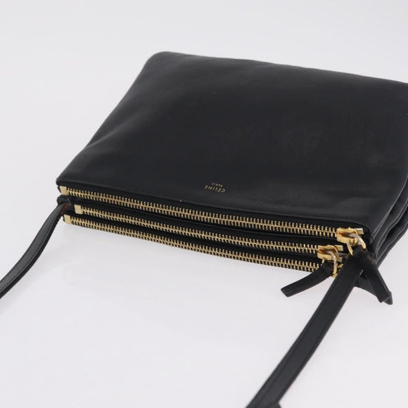 CELINE Trio Shoulder Bag Leather Black Gold Tone Auth mr3023