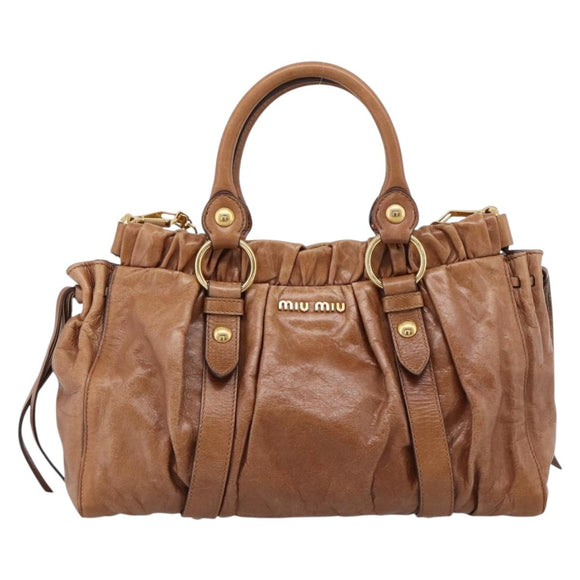 Miu Miu Hand Bag Leather 2way Brown Gold Tone Auth mr3024V