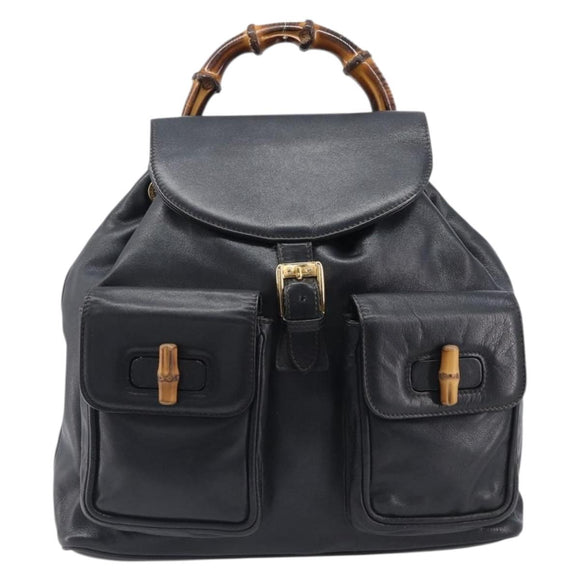 GUCCI Bamboo Backpack Leather Black Gold Tone 003 38 0016 Auth mr3026A