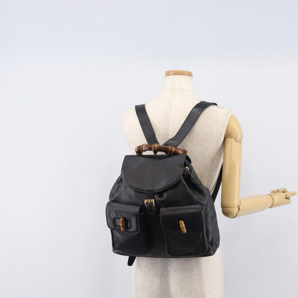GUCCI Bamboo Backpack Leather Black Gold Tone 003 38 0016 Auth mr3026A