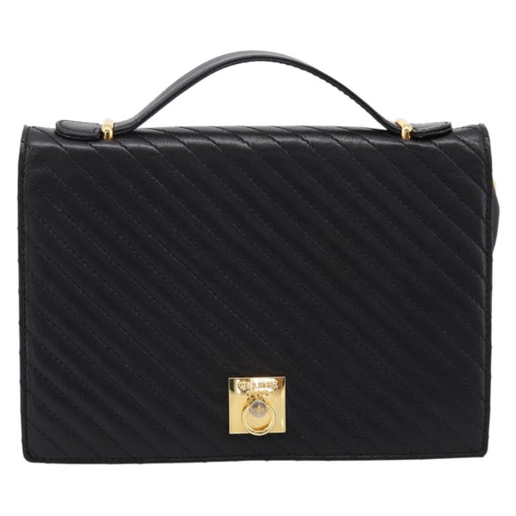 CELINE Hand Bag Leather 2way Black Gold Tone Auth mr3033V