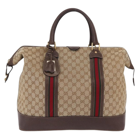 GUCCI GG Canvas Web Sherry Line Boston Bag Beige Gold Tone Auth mr3043