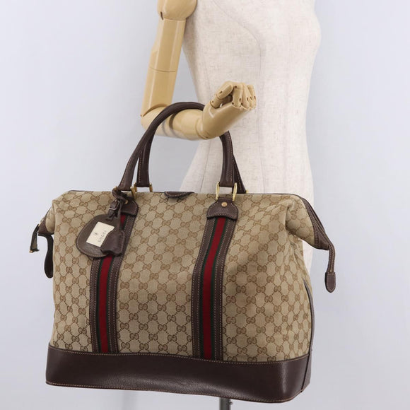 GUCCI GG Canvas Web Sherry Line Boston Bag Beige Gold Tone Auth mr3043