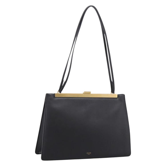 CELINE Soft Clasp Medium Shoulder Bag Leather Black Gold Tone Auth mr3051SM