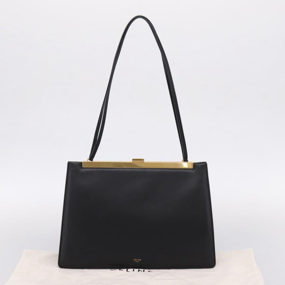 CELINE Soft Clasp Medium Shoulder Bag Leather Black Gold Tone Auth mr3051SM