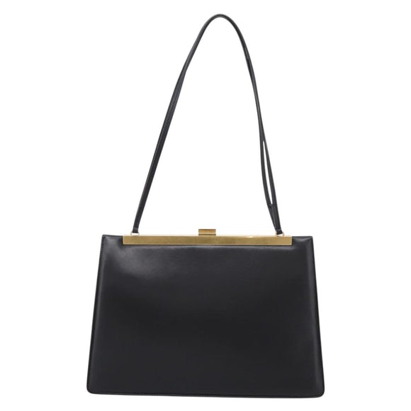 CELINE Soft Clasp Medium Shoulder Bag Leather Black Gold Tone Auth mr3051SM