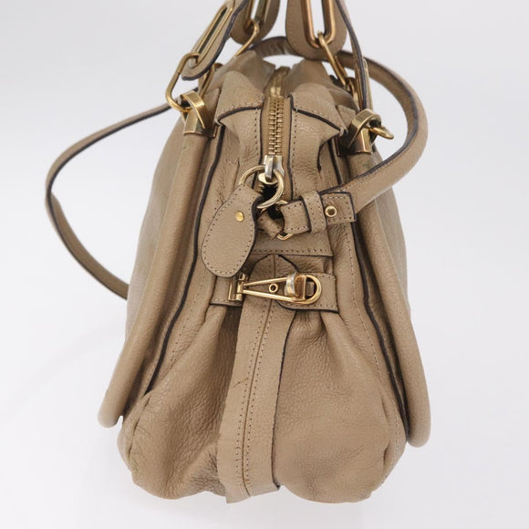 Chloe Paraty Hand Bag Leather Beige Gold Tone Auth mr3069
