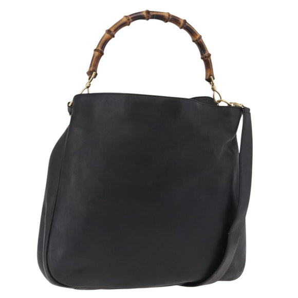 GUCCI Bamboo Hand Bag Leather Black Gold Tone 001 123 1577 Auth mr3072A